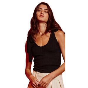 Bucket List Tie Shoulder Ribbed Henley Tank Top, Black, Size Large, NWOT